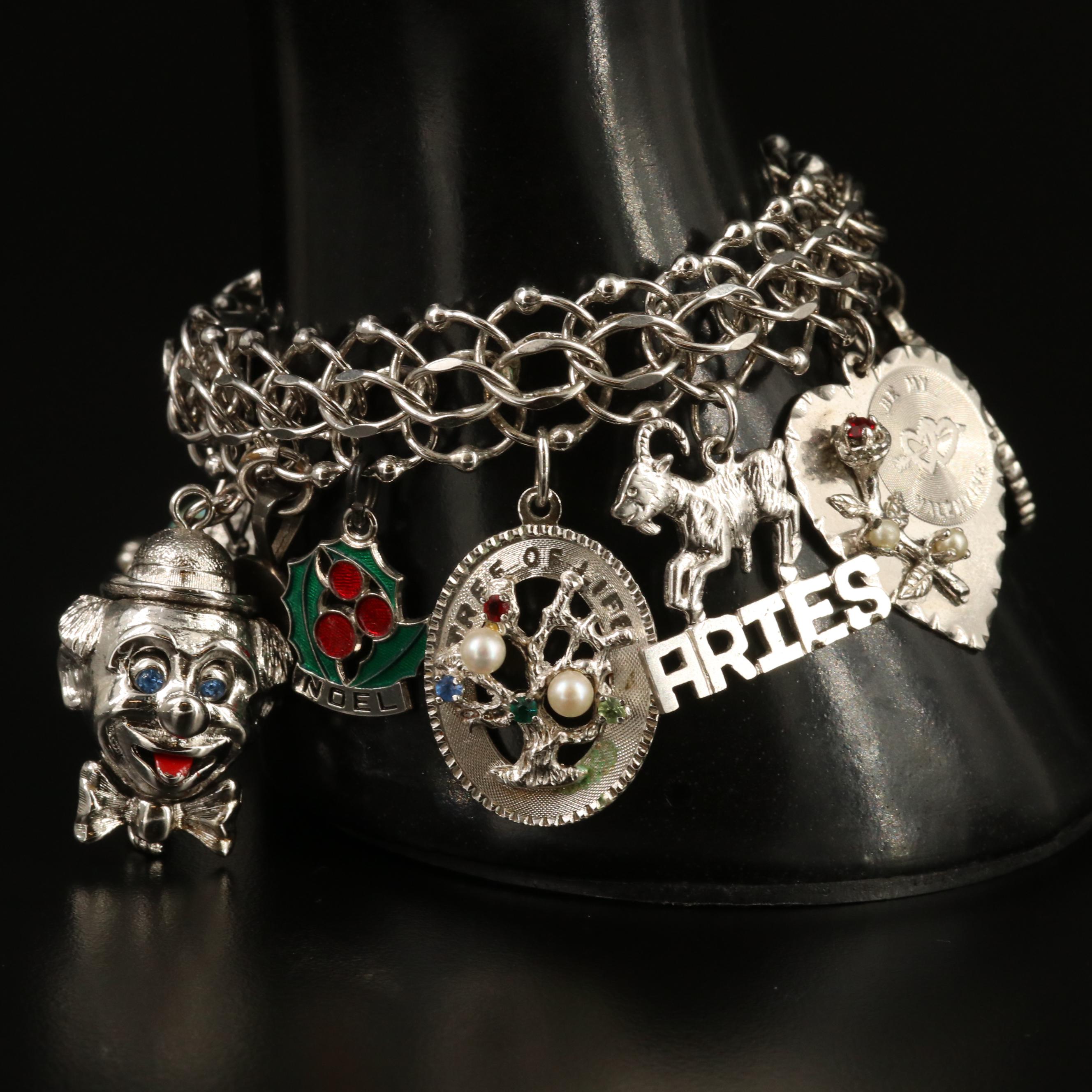 Vintage Sterling Silver Charm Bracelet with Pearl and Enamel