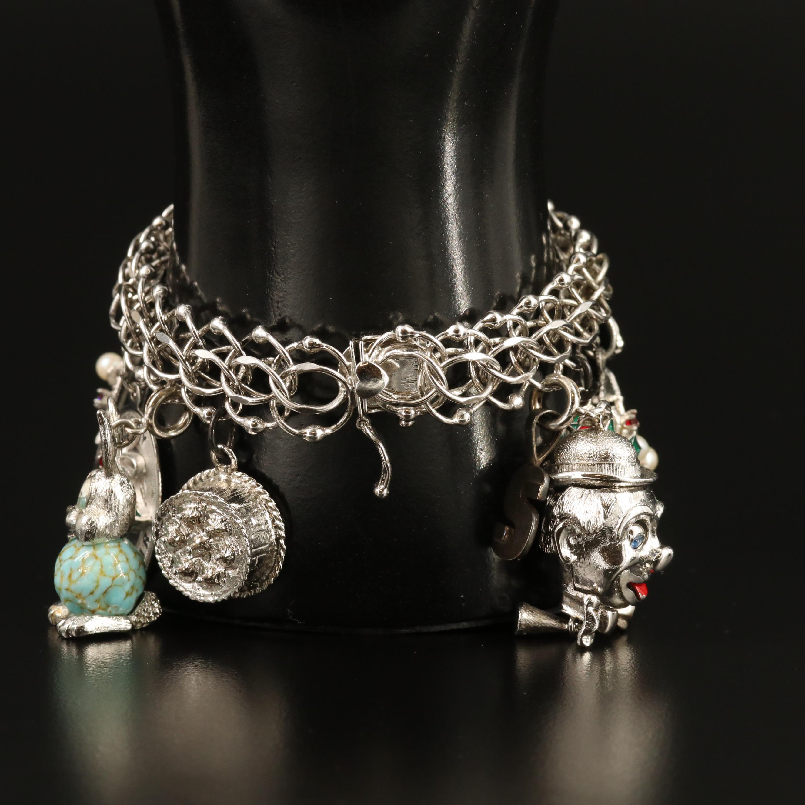 Vintage Sterling Silver Charm Bracelet with Pearl and Enamel