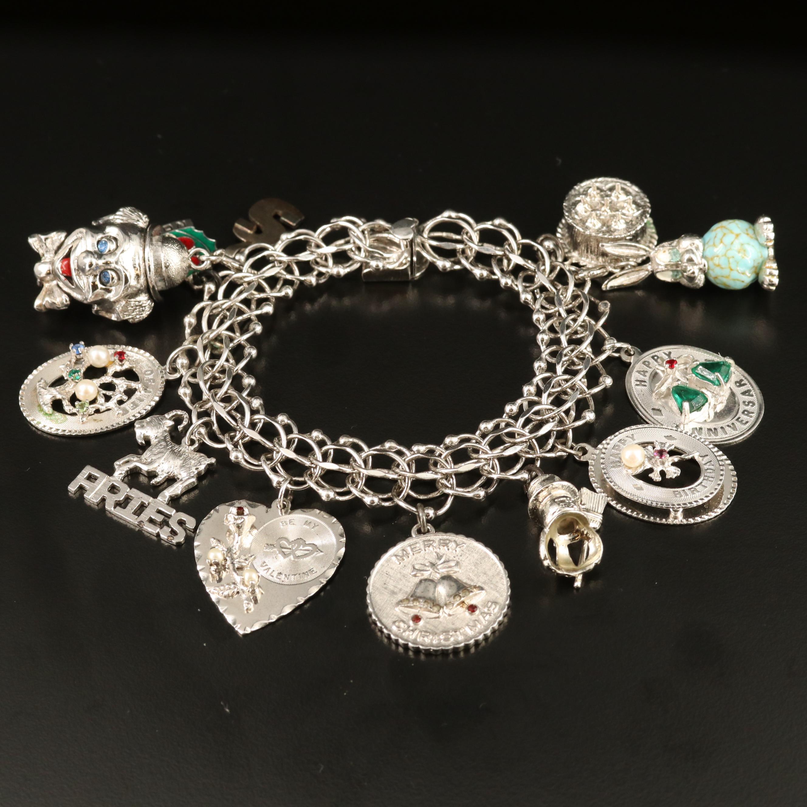 Vintage Sterling Silver Charm Bracelet with Pearl and Enamel