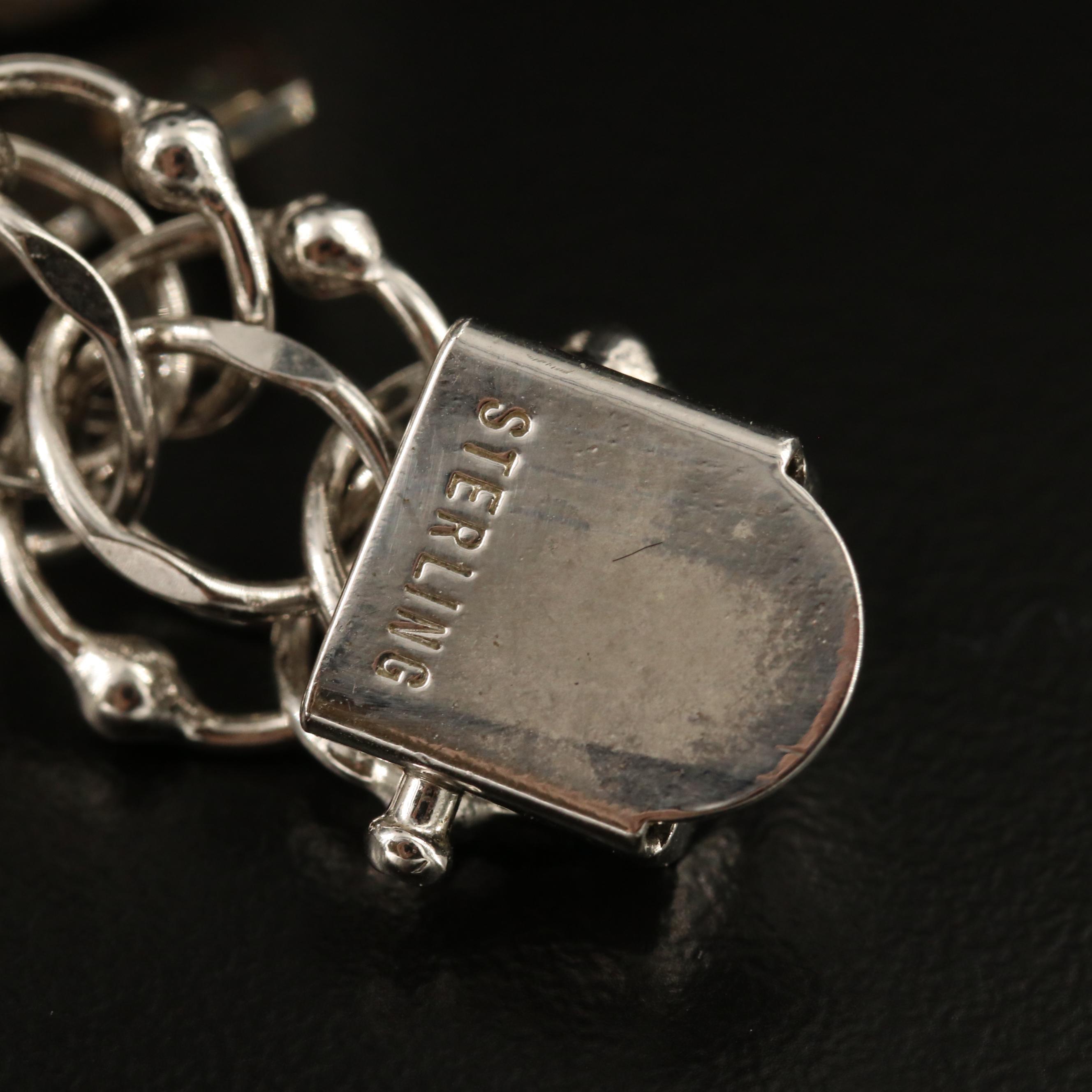 Vintage Sterling Silver Charm Bracelet with Pearl and Enamel