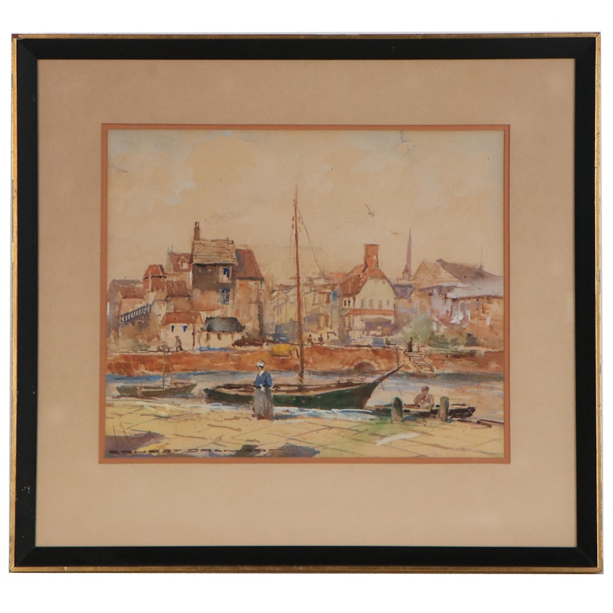 Hjalmar "Cappy" Emerson III Village Harbor Scene Watercolor Painting