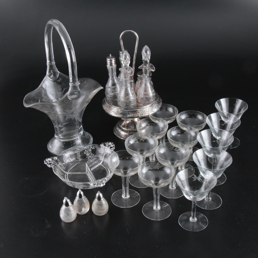 Antique Silver Plate and Glass Curet Set and Glass Tableware, Early-Mid 20th C.