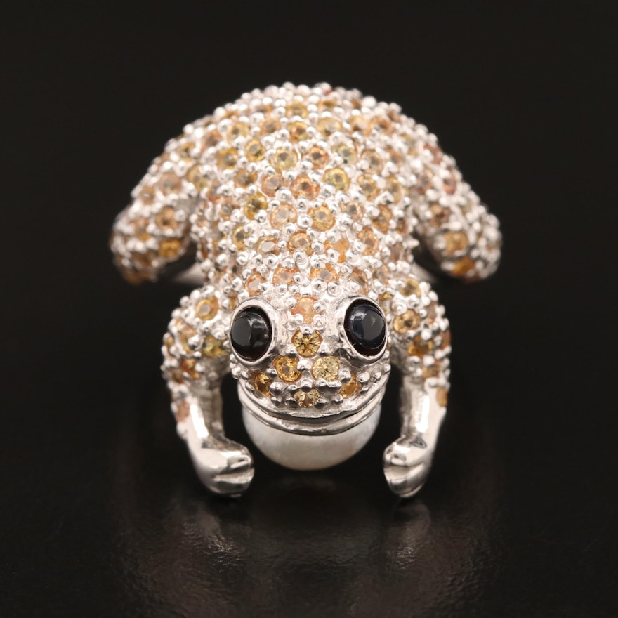Sterling Silver Pearl, Sapphire and Glass Frog Ring
