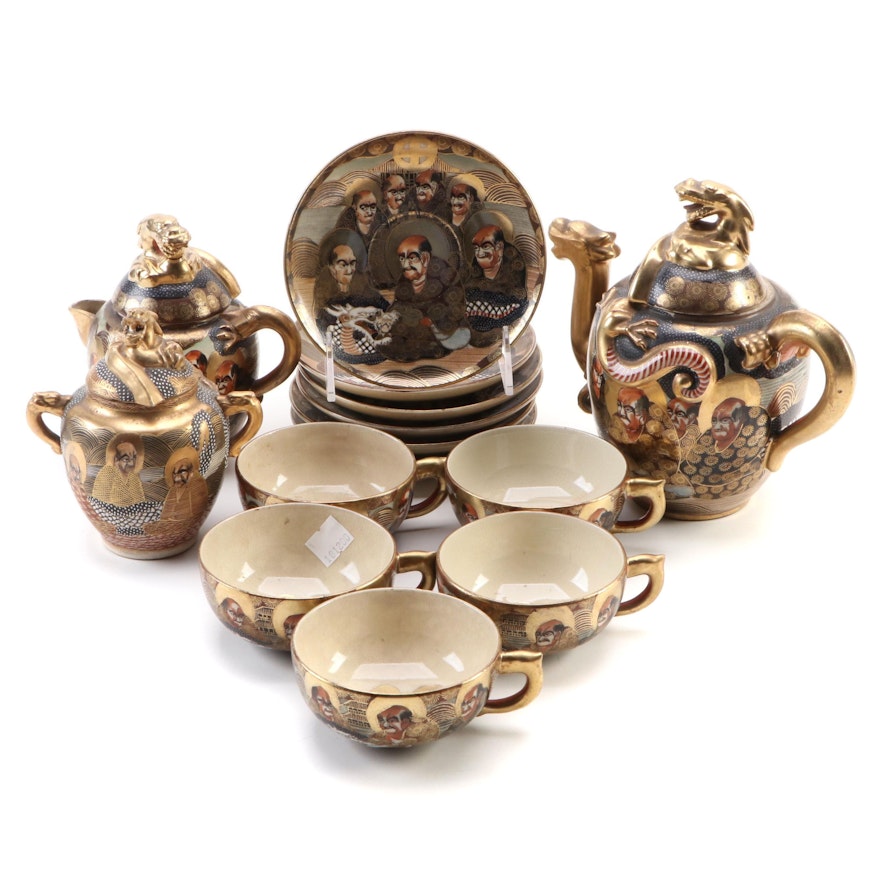 Japanese Satsuma Porcelain Tea Set Depicting The Immortals and Rakan