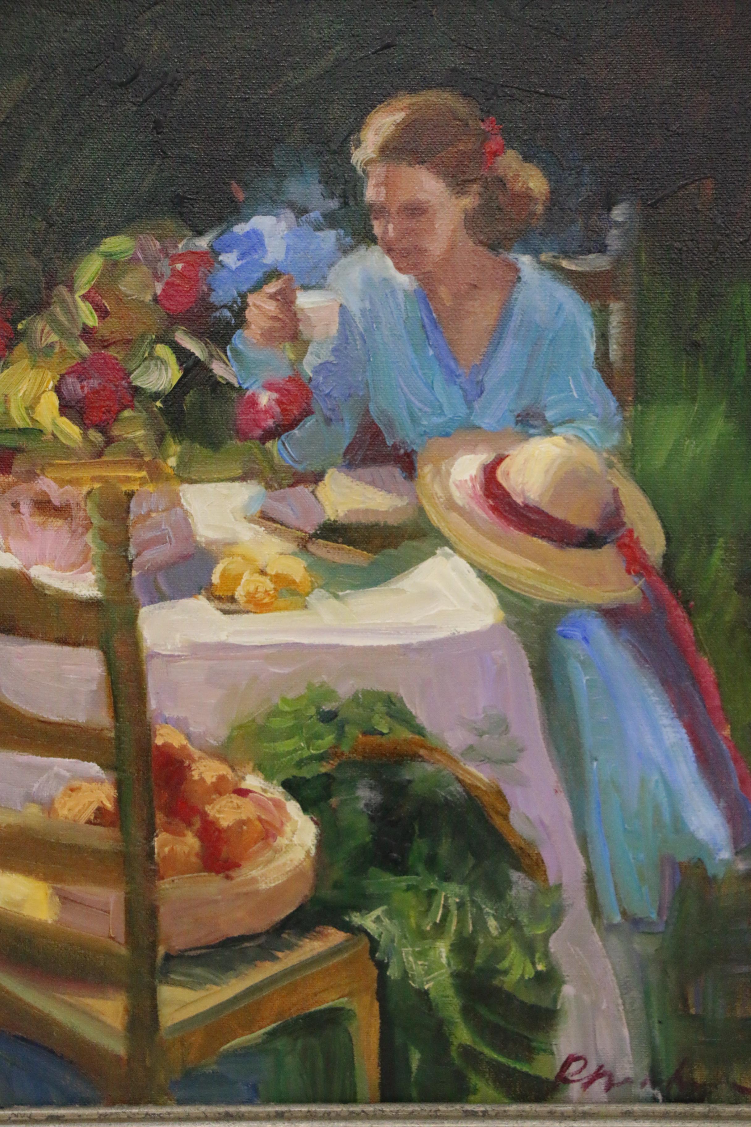 Sally Rosenbaum Oil Painting of Woman at Outdoor Table, 21st Century