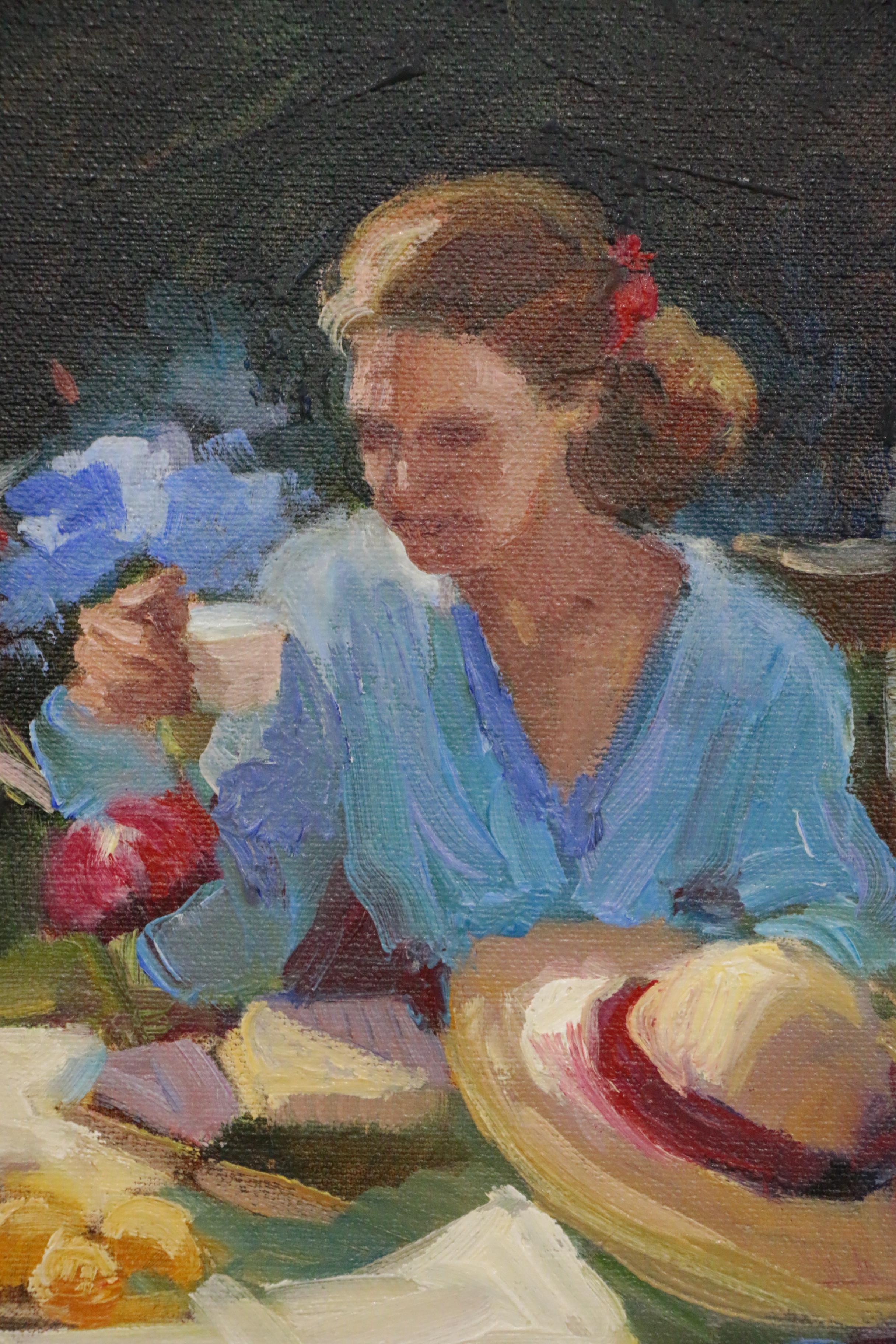 Sally Rosenbaum Oil Painting of Woman at Outdoor Table, 21st Century