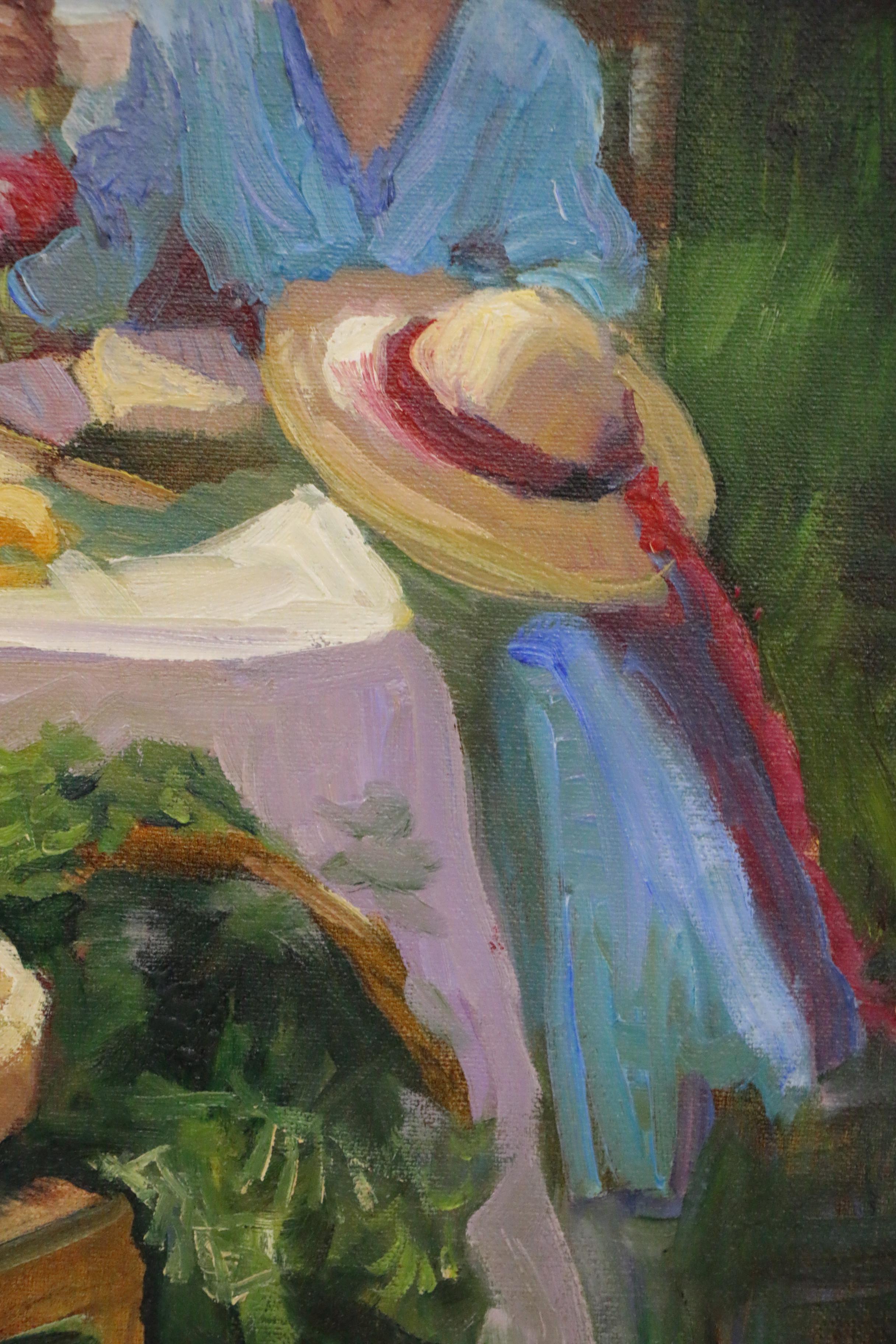 Sally Rosenbaum Oil Painting of Woman at Outdoor Table, 21st Century