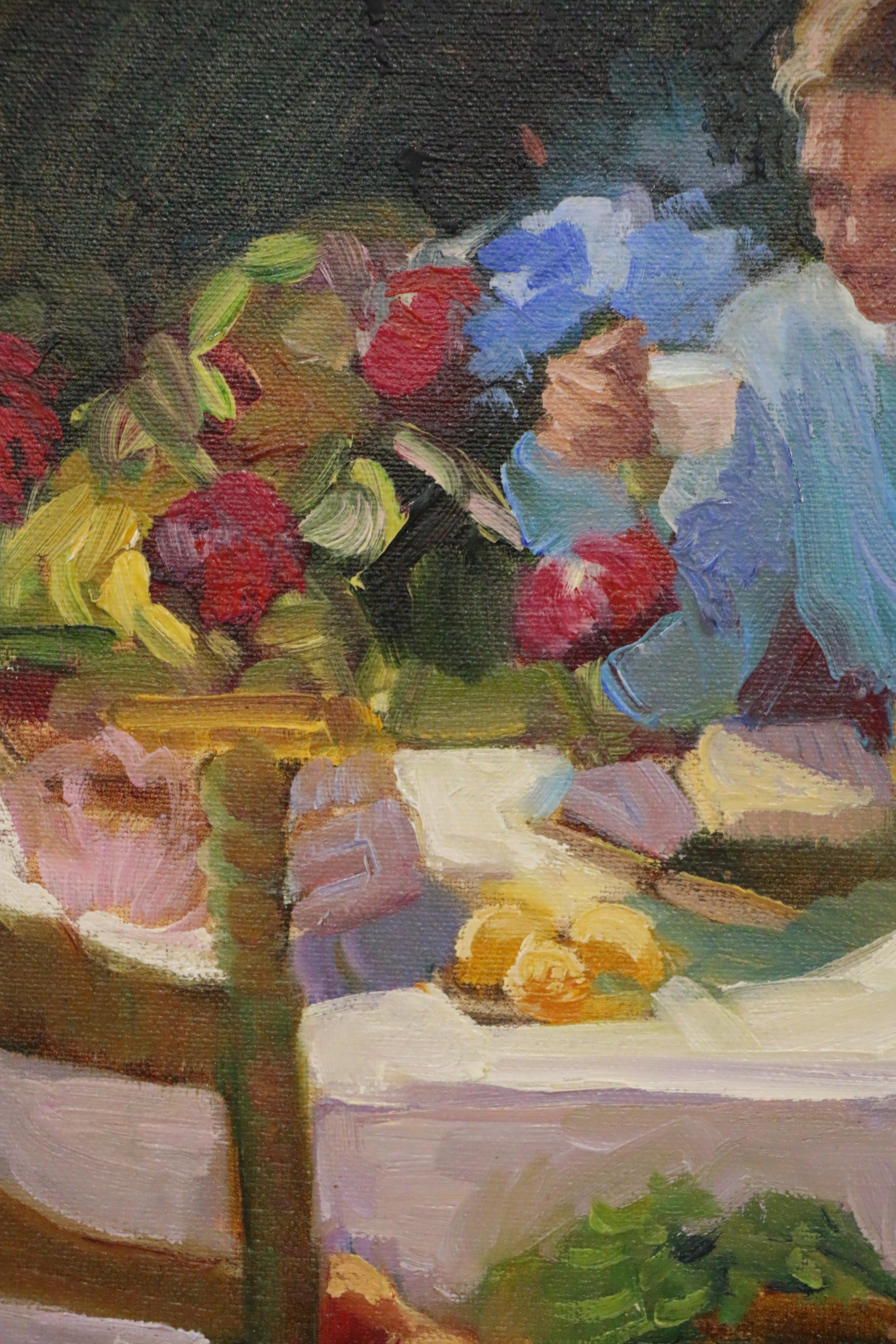 Sally Rosenbaum Oil Painting of Woman at Outdoor Table, 21st Century