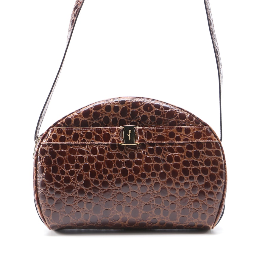 Salvatore Ferragamo Embossed Brown Leather Shoulder Bag