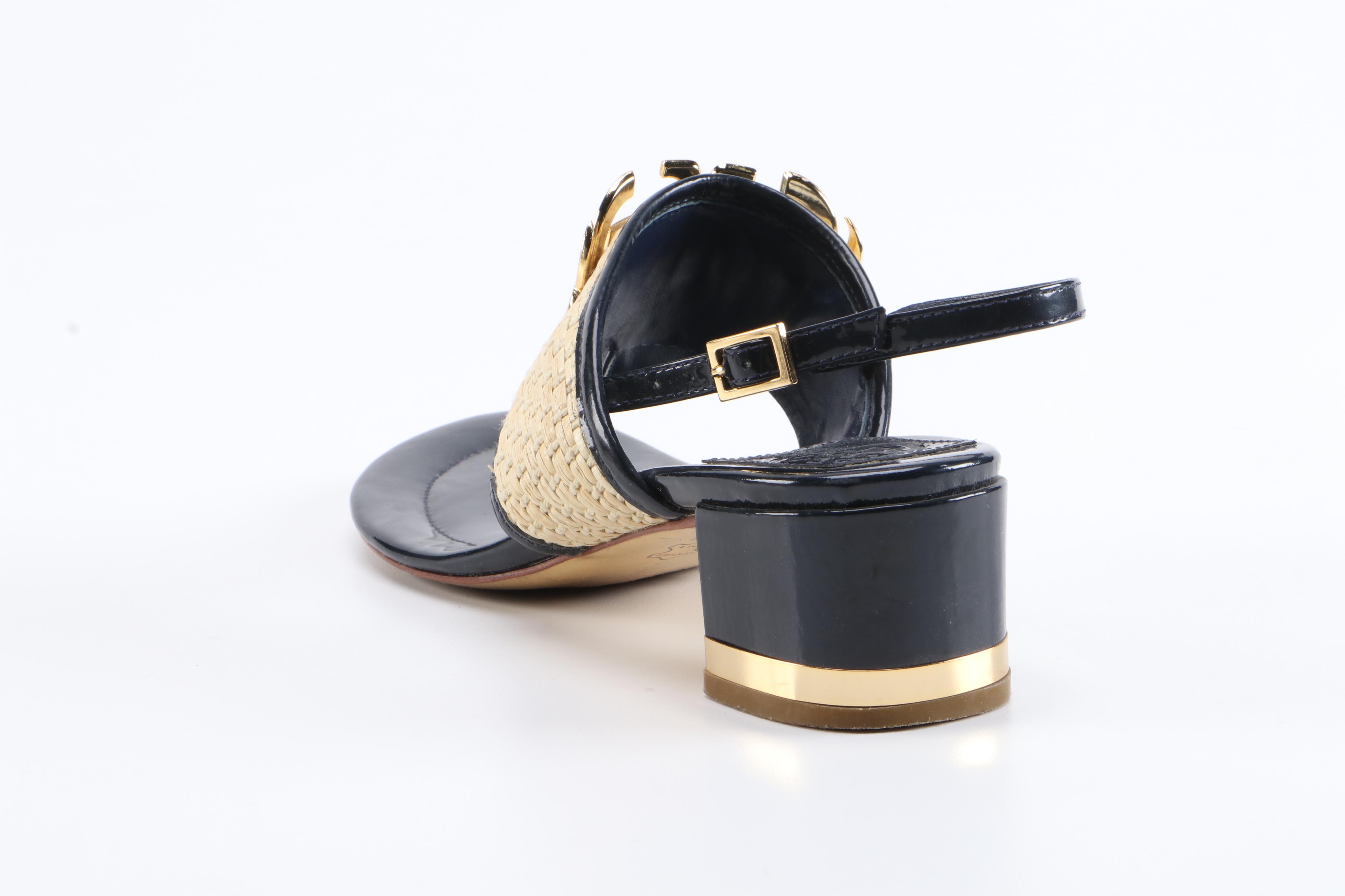 Tory Burch Natural Straw and Navy Blue Patent Leather Block Heel Sandals