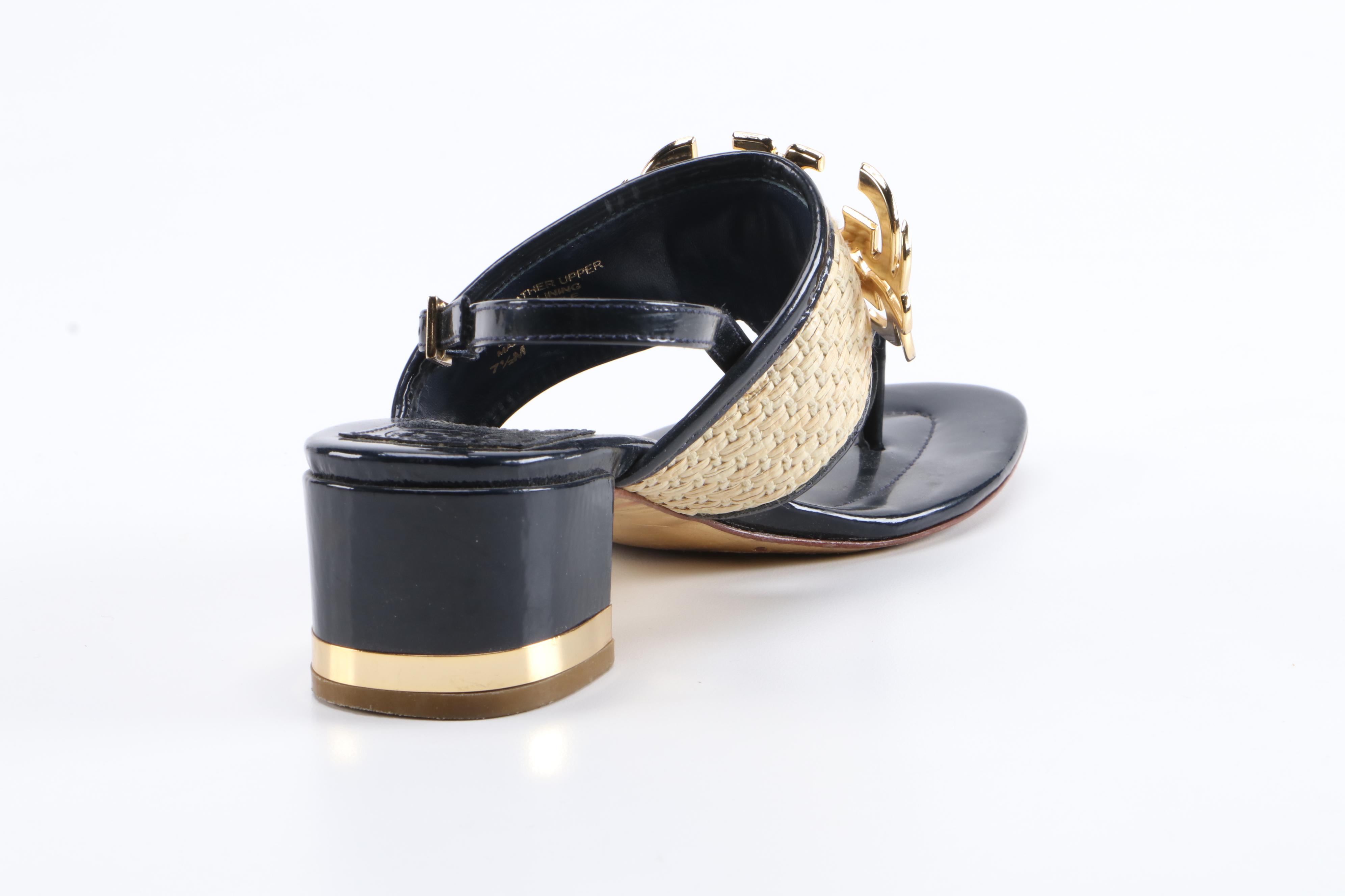 Tory Burch Natural Straw and Navy Blue Patent Leather Block Heel Sandals