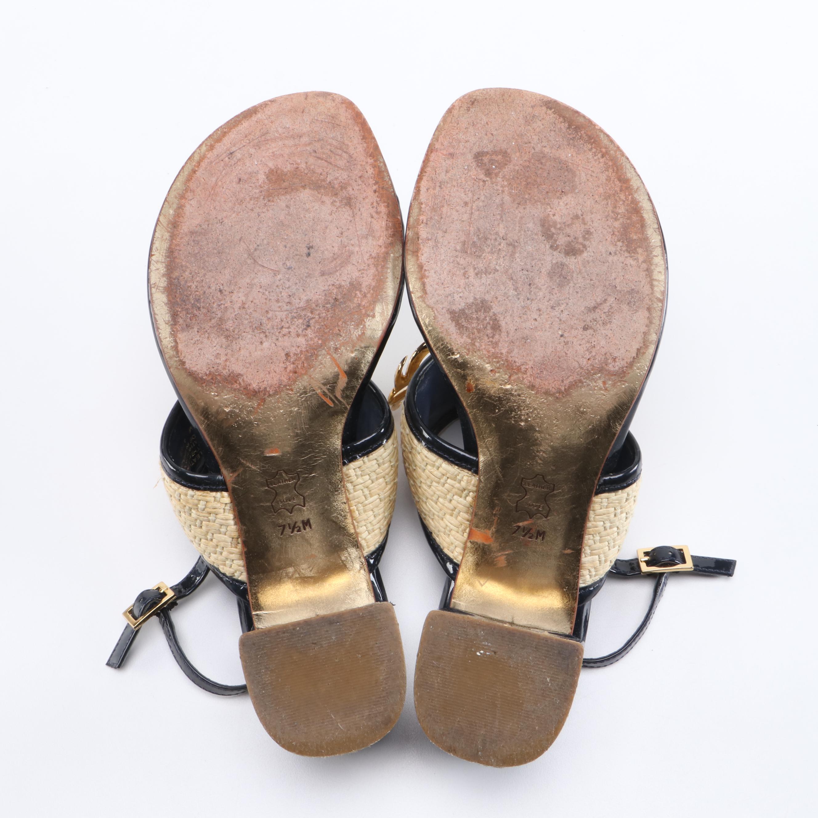 Tory Burch Natural Straw and Navy Blue Patent Leather Block Heel Sandals