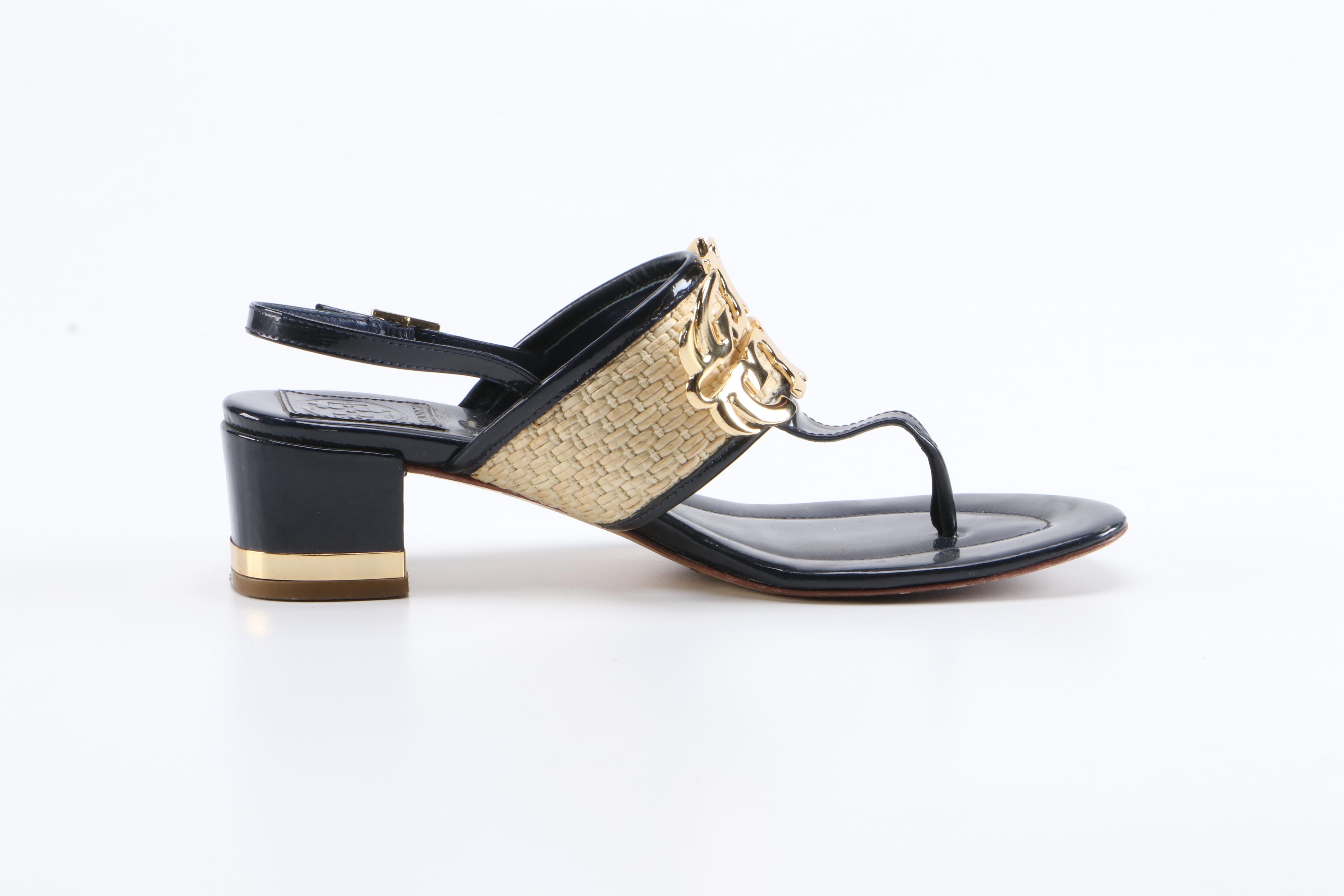 Tory Burch Natural Straw and Navy Blue Patent Leather Block Heel Sandals