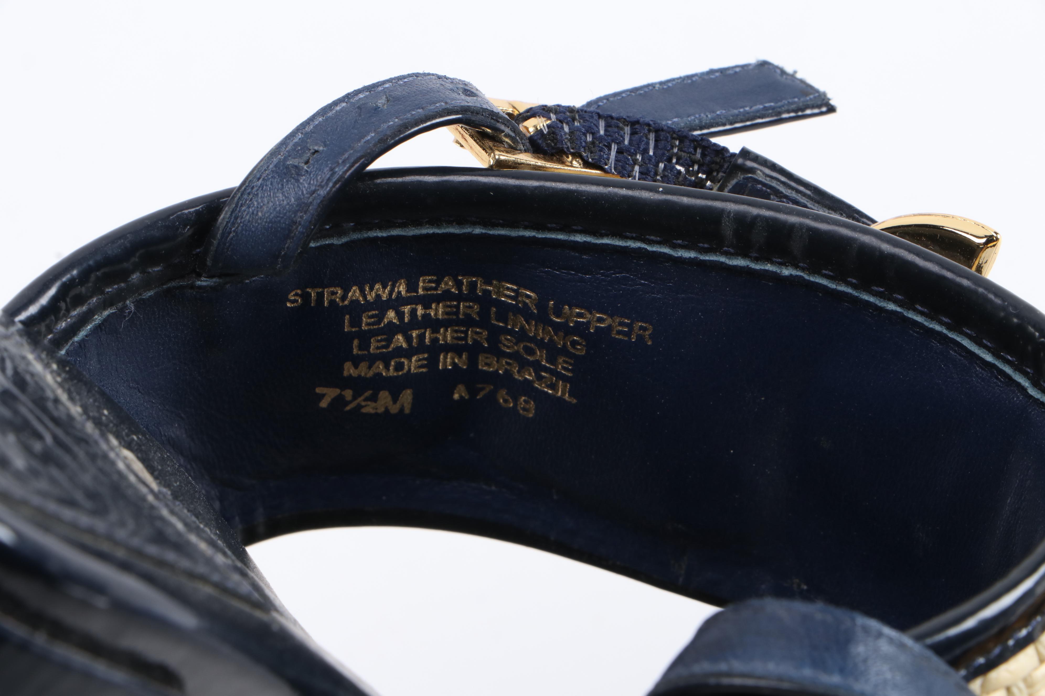 Tory Burch Natural Straw and Navy Blue Patent Leather Block Heel Sandals