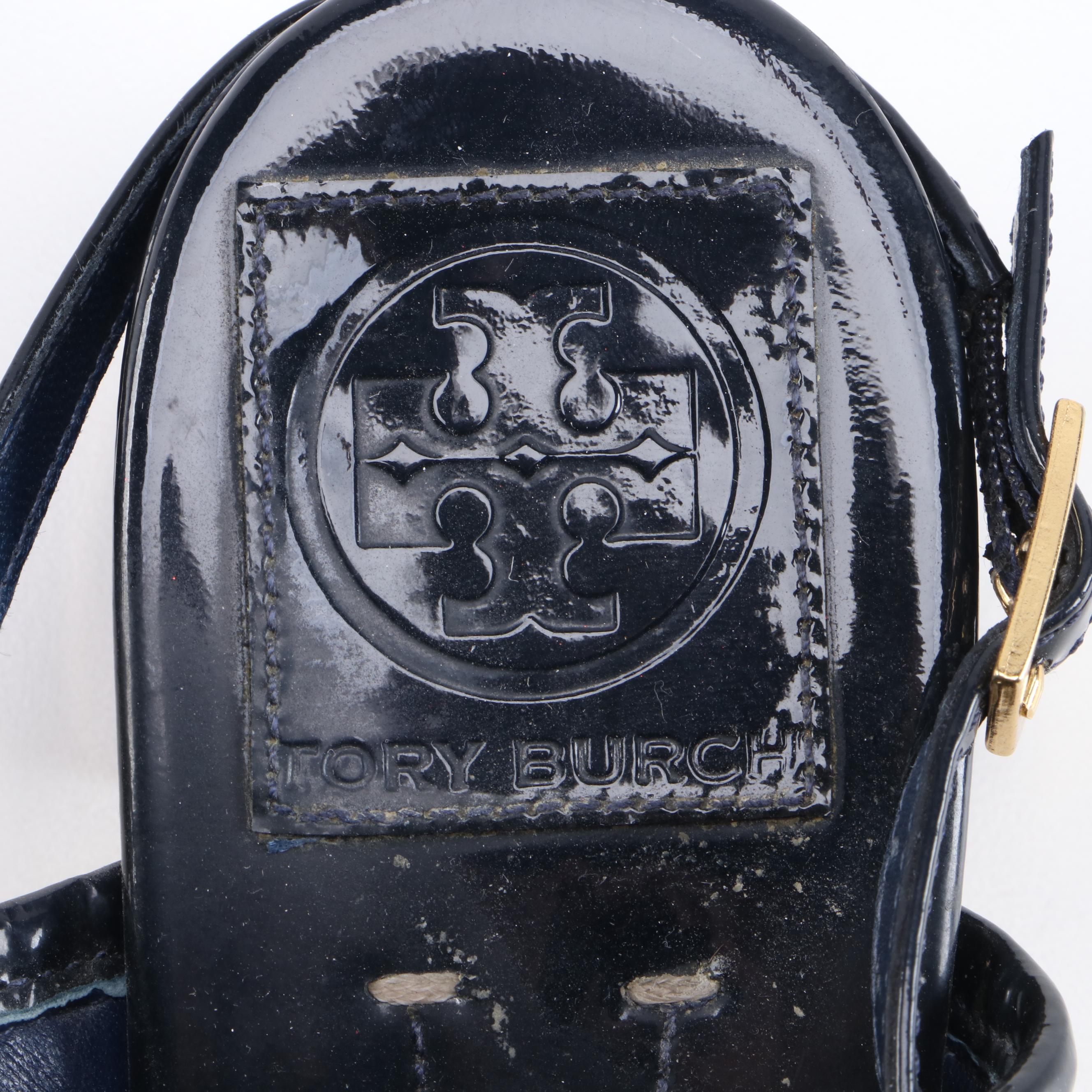 Tory Burch Natural Straw and Navy Blue Patent Leather Block Heel Sandals