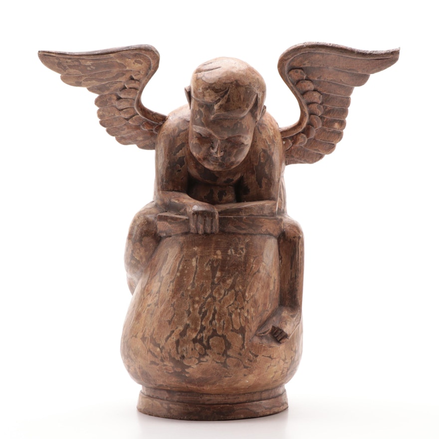 Carved Wood Cherub Reading on Stump Statuette