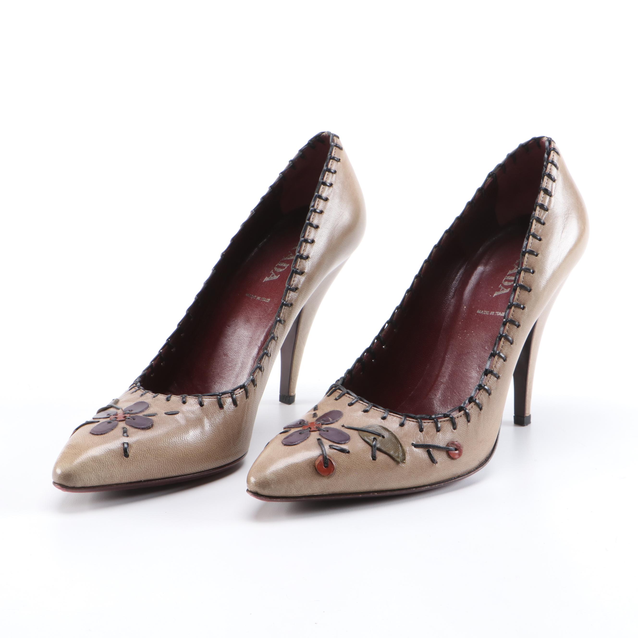Prada Tan Leather Pumps with Leather Appliqués and Blanket Stitch Trim