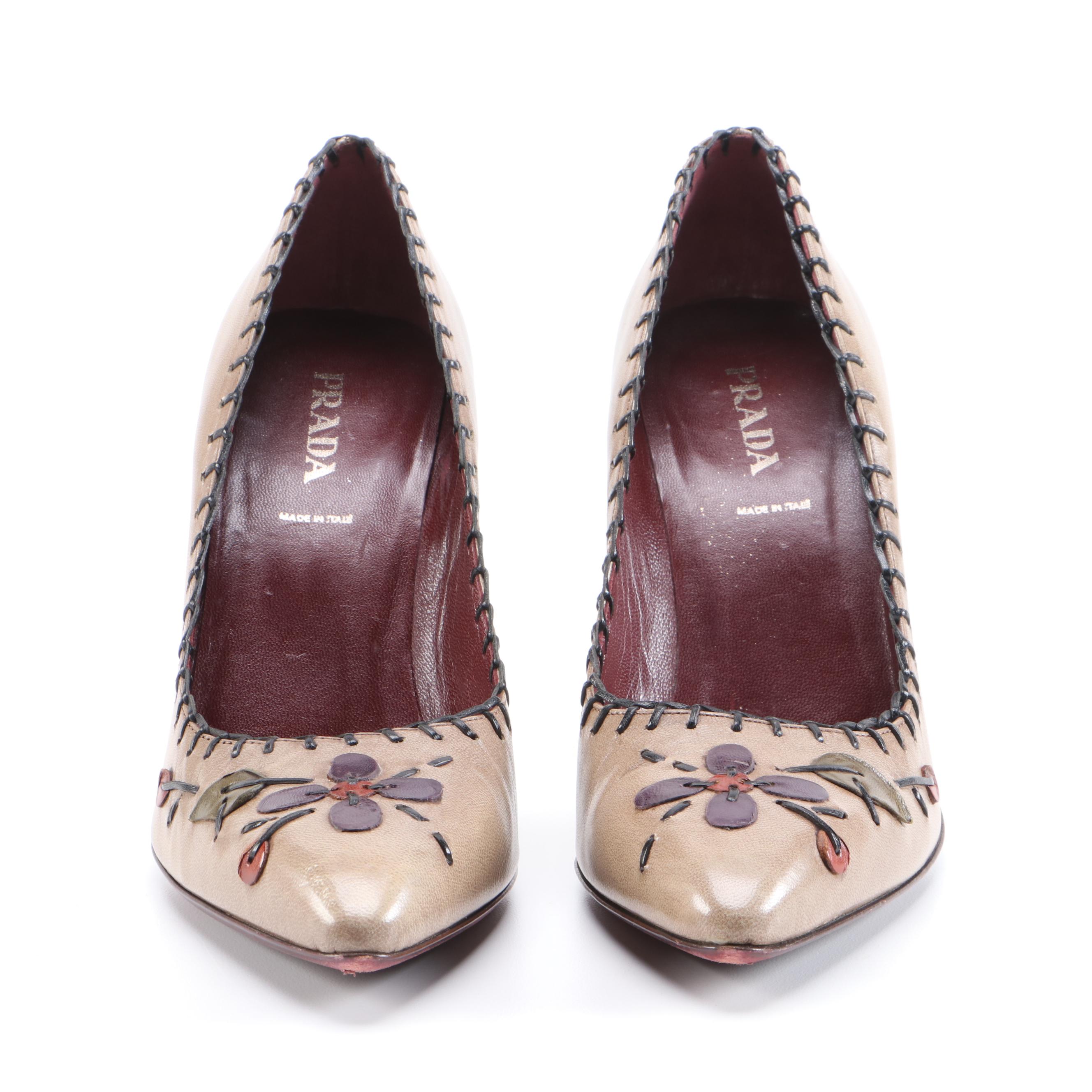 Prada Tan Leather Pumps with Leather Appliqués and Blanket Stitch Trim