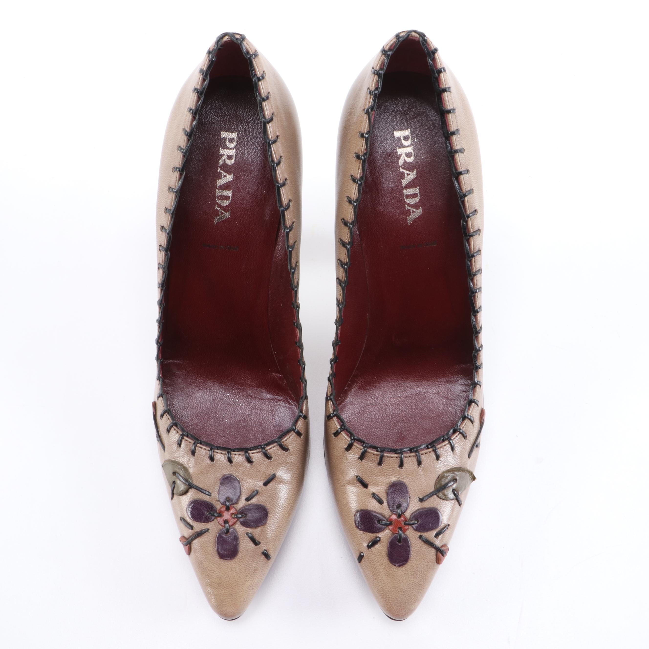 Prada Tan Leather Pumps with Leather Appliqués and Blanket Stitch Trim