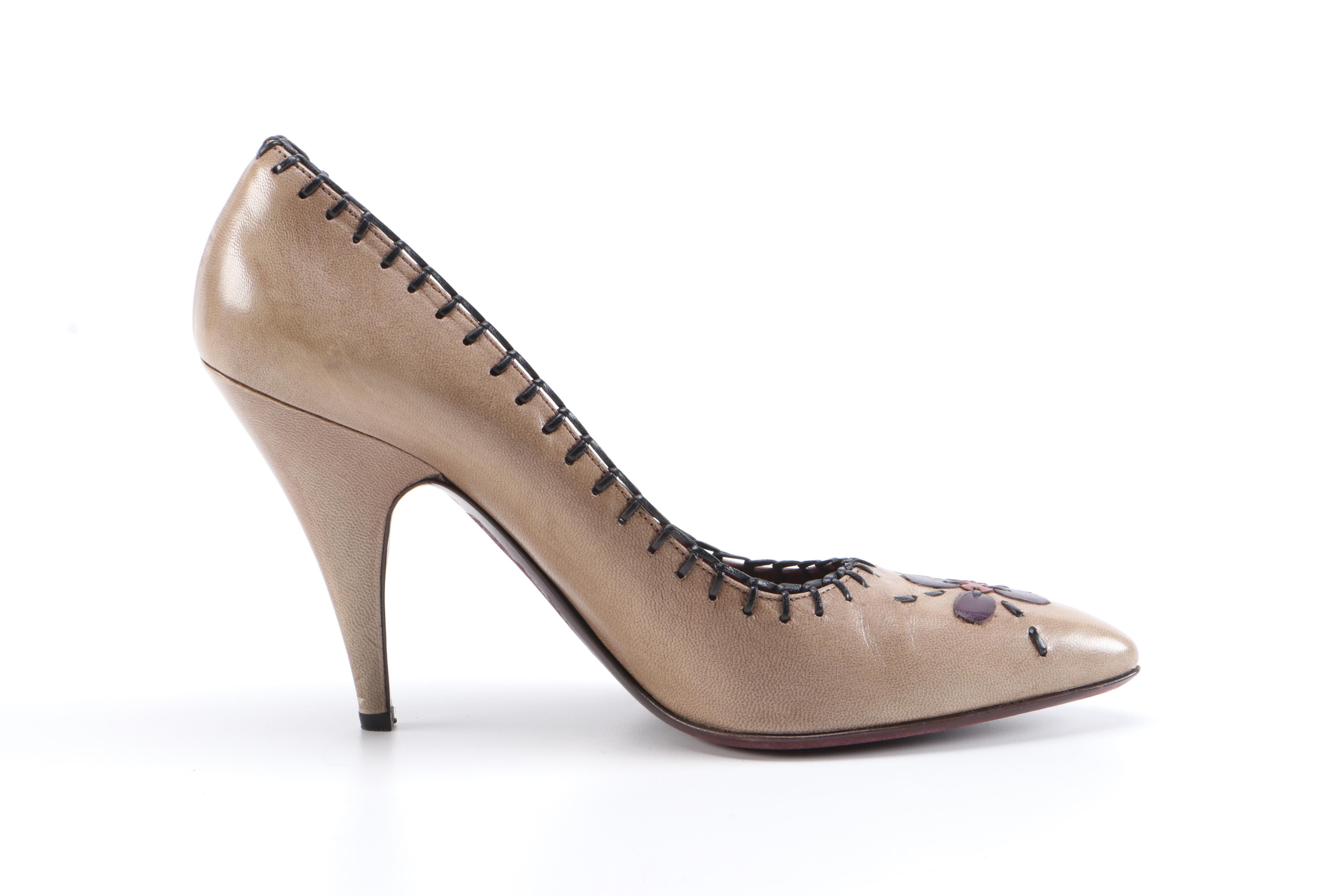 Prada Tan Leather Pumps with Leather Appliqués and Blanket Stitch Trim