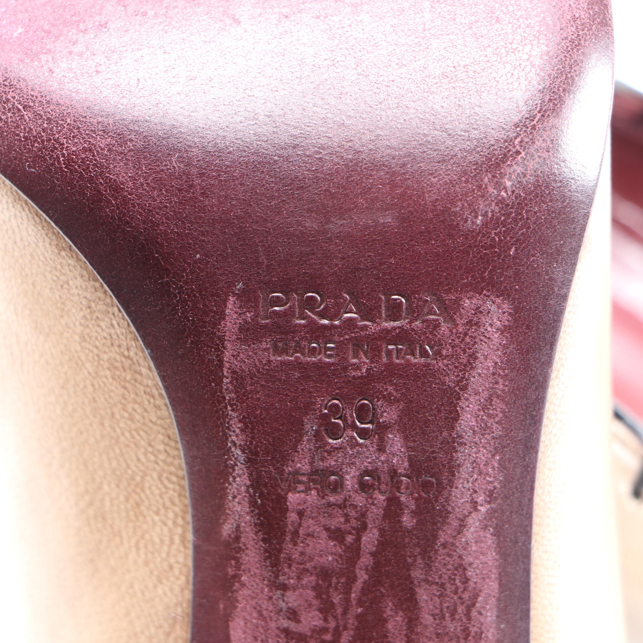 Prada Tan Leather Pumps with Leather Appliqués and Blanket Stitch Trim