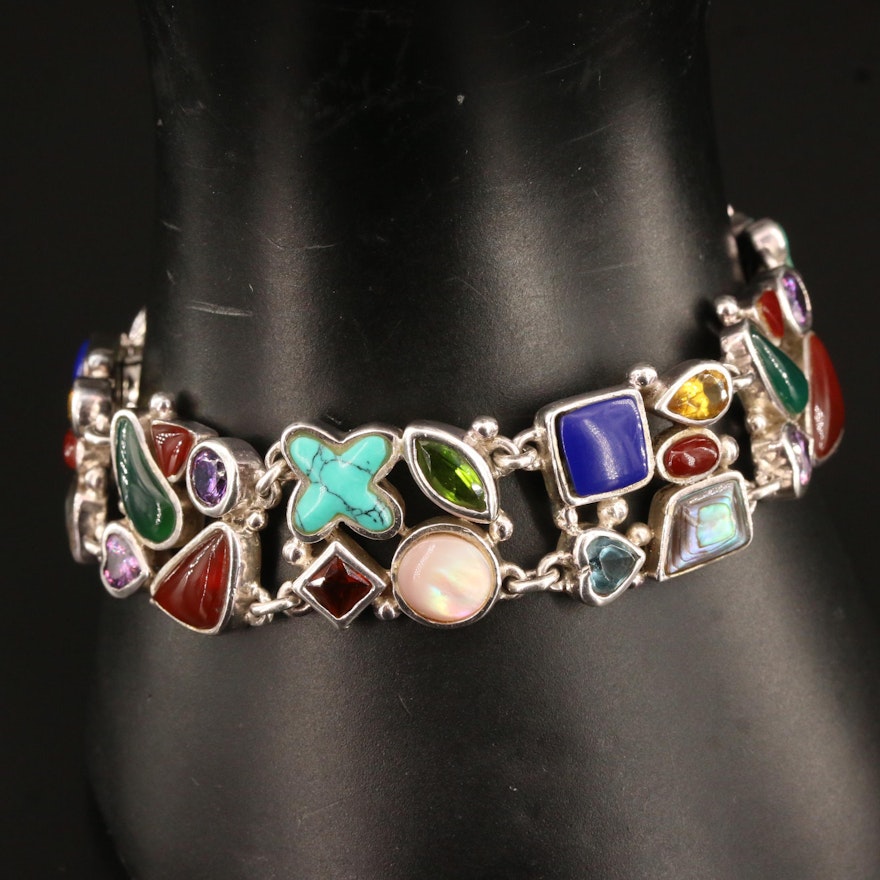 Sterling Silver Abalone Shell, Mother of Pearl and Cubic Zirconia Link Bracelet