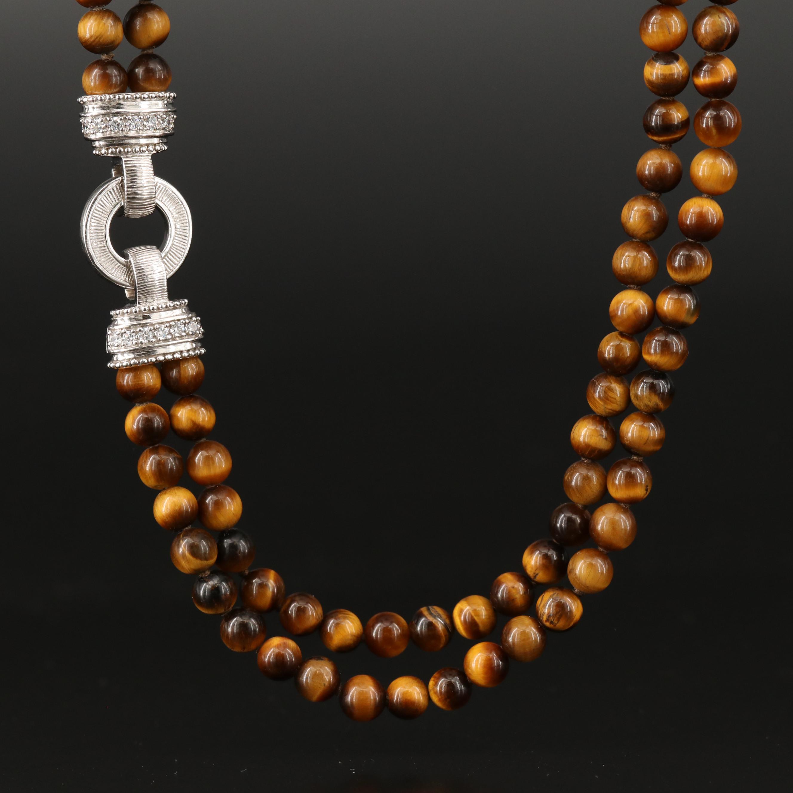 Judith Ripka Tiger's Eye and Cubic Zirconia Necklace with Sterling Clasp