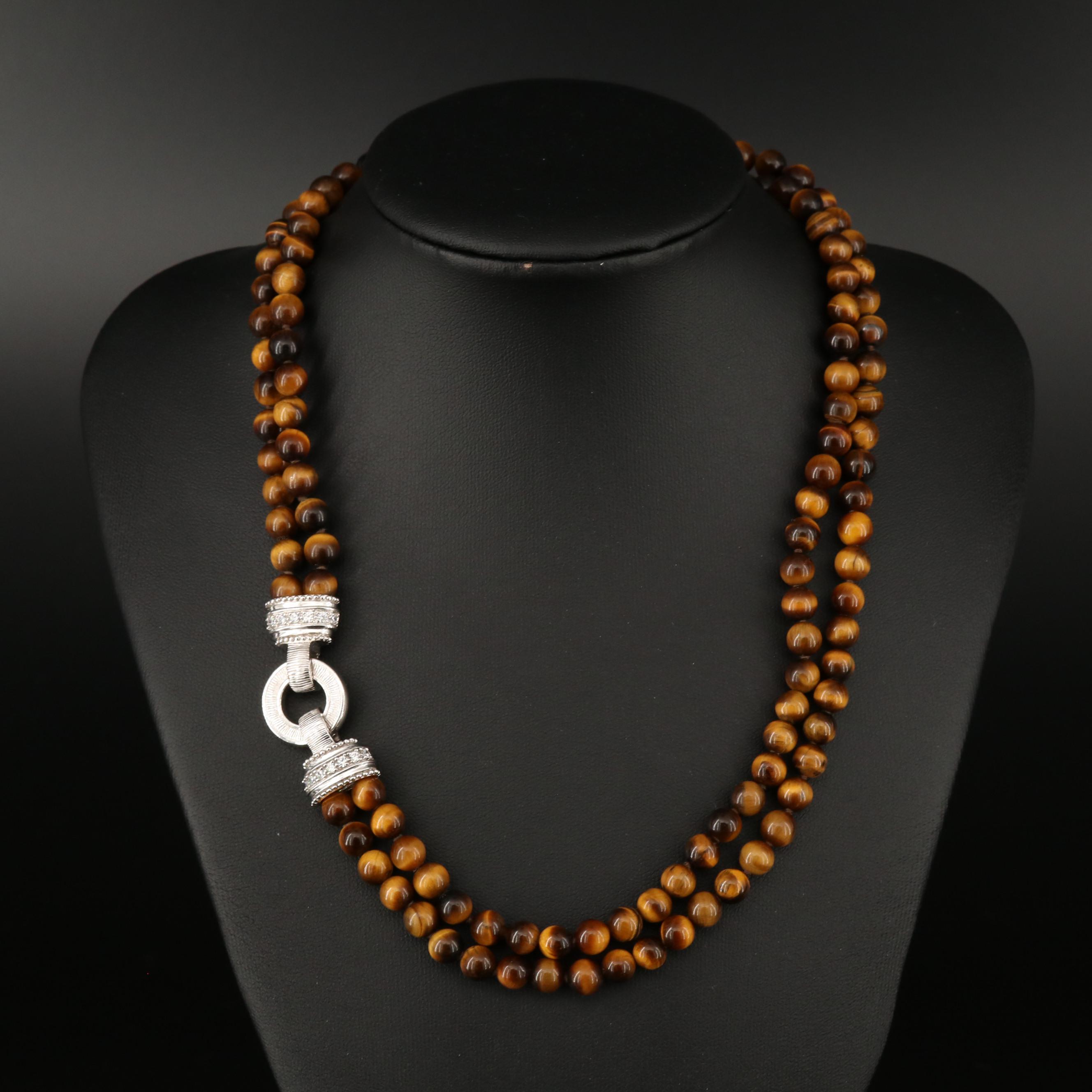 Judith Ripka Tiger's Eye and Cubic Zirconia Necklace with Sterling Clasp