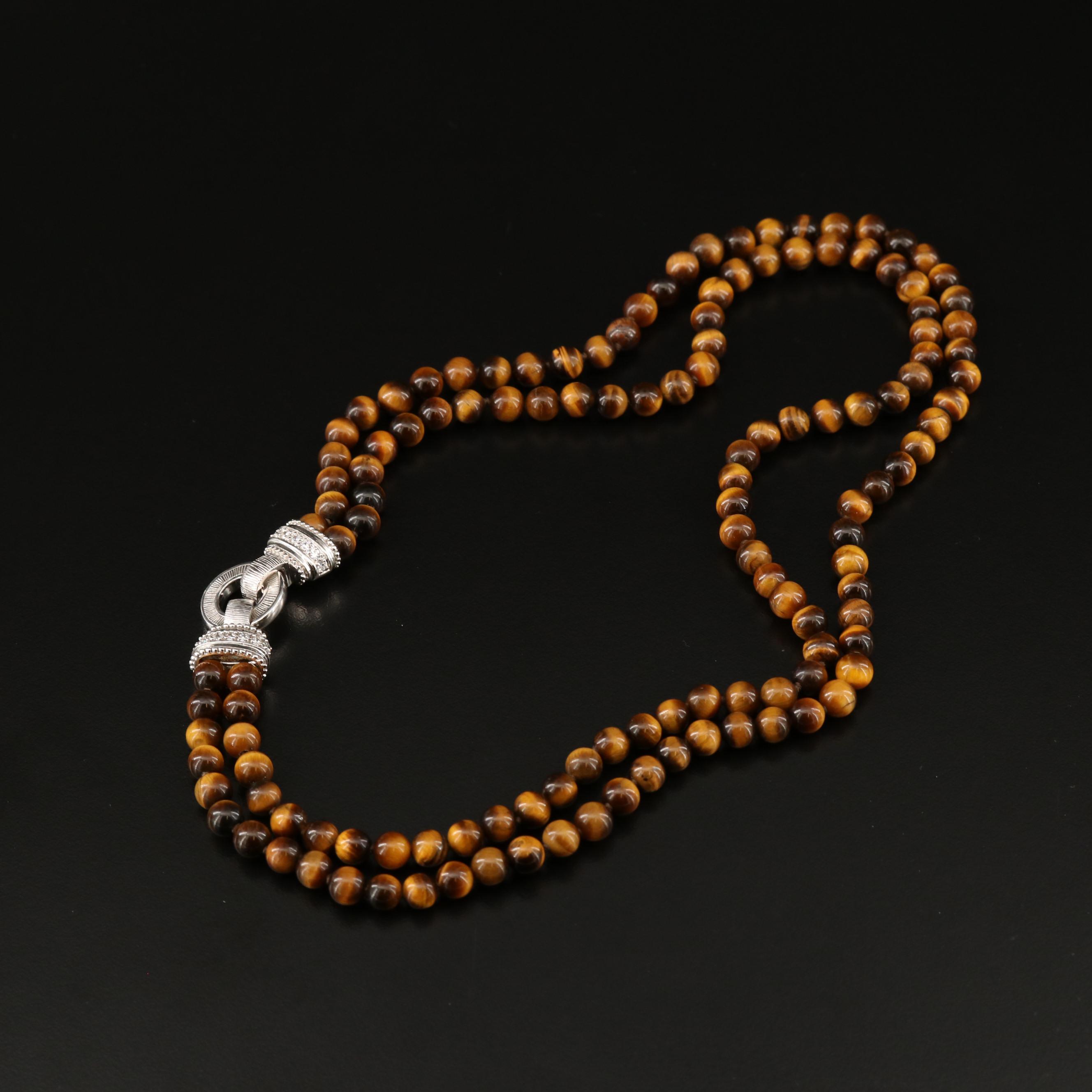Judith Ripka Tiger's Eye and Cubic Zirconia Necklace with Sterling Clasp