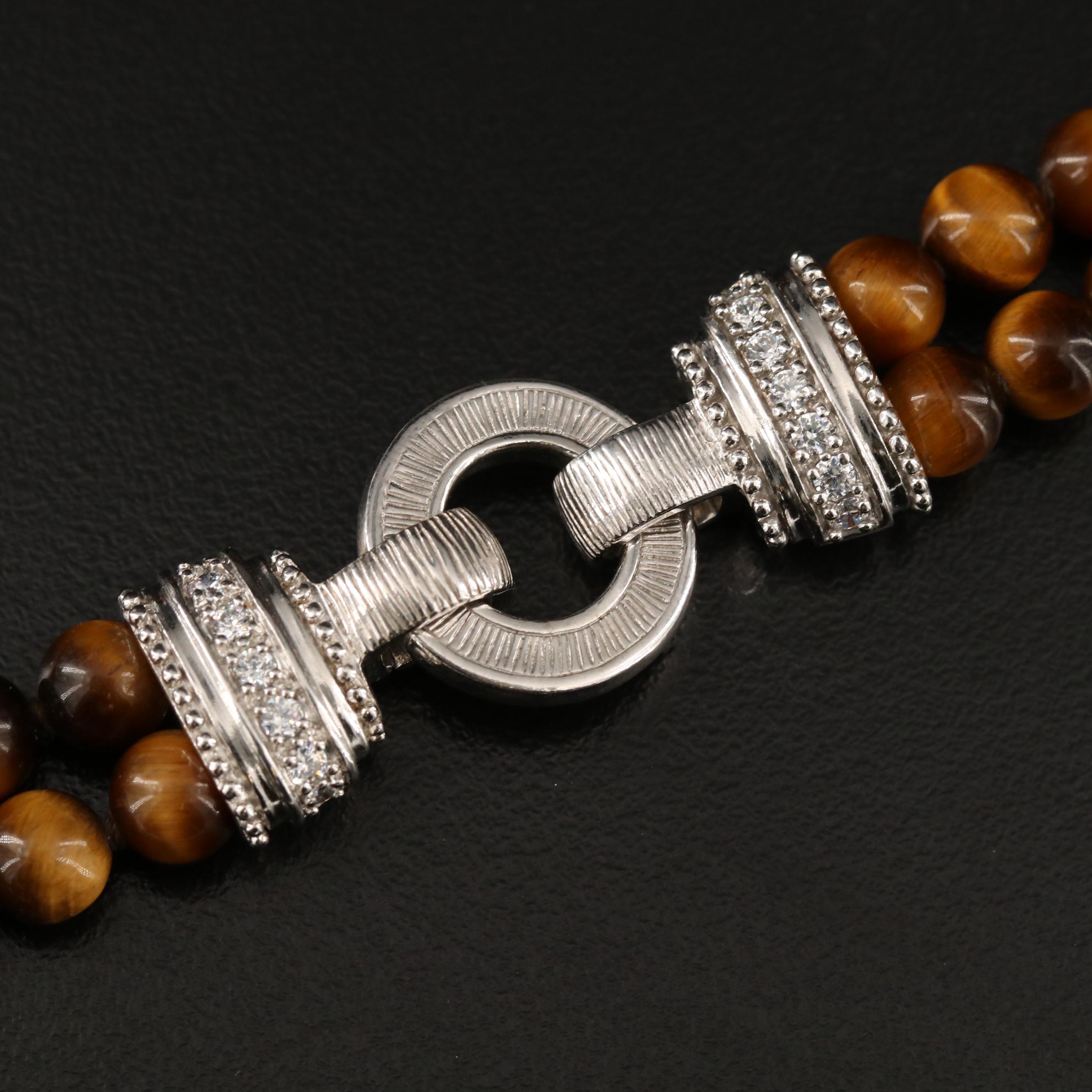 Judith Ripka Tiger's Eye and Cubic Zirconia Necklace with Sterling Clasp
