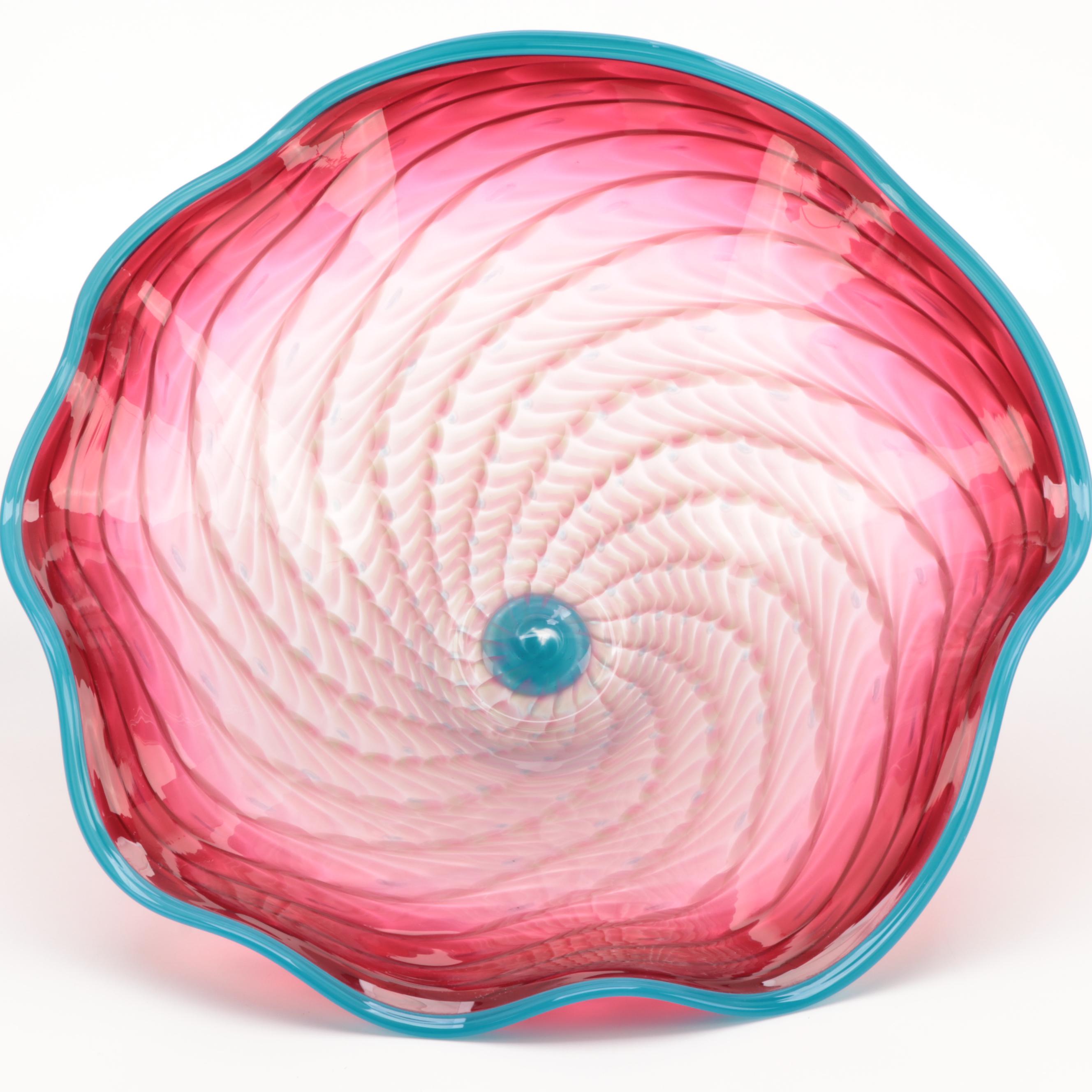 LaChausee Pink and Turquoise Blown Art Glass Centerpiece Bowl, 1996