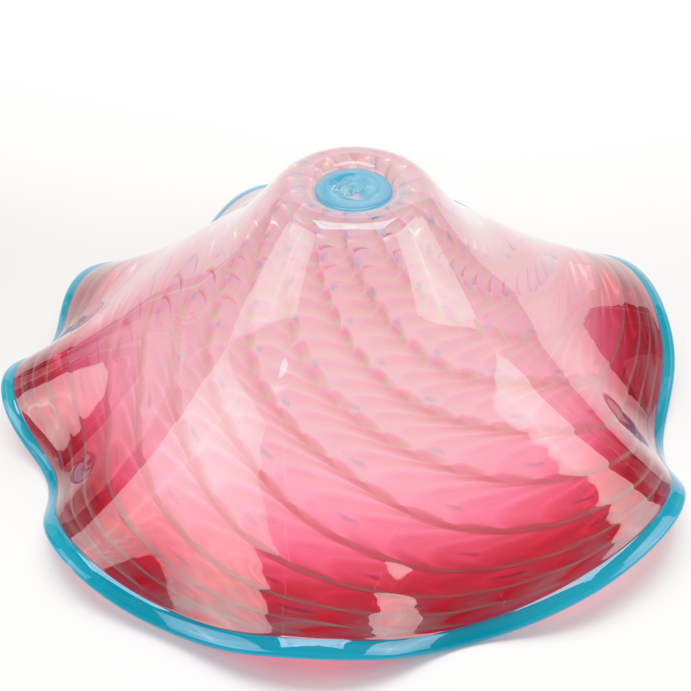 LaChausee Pink and Turquoise Blown Art Glass Centerpiece Bowl, 1996