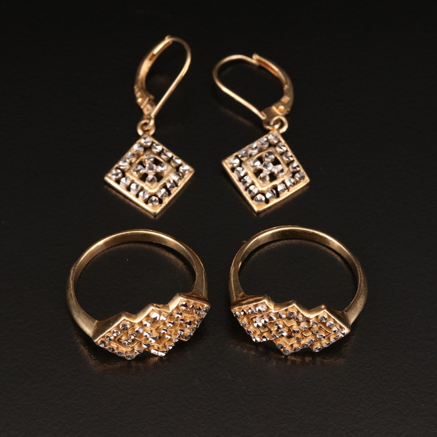 Peter Brams Designs 14K Geometric Earrings and Rings with Diamond Cut Finish