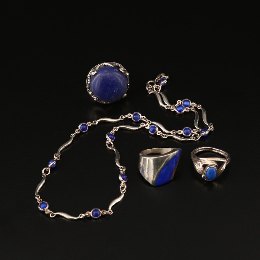 Sterling Silver Rings and Necklace with Cat's Eye Glass and Lapis Lazuli Accents