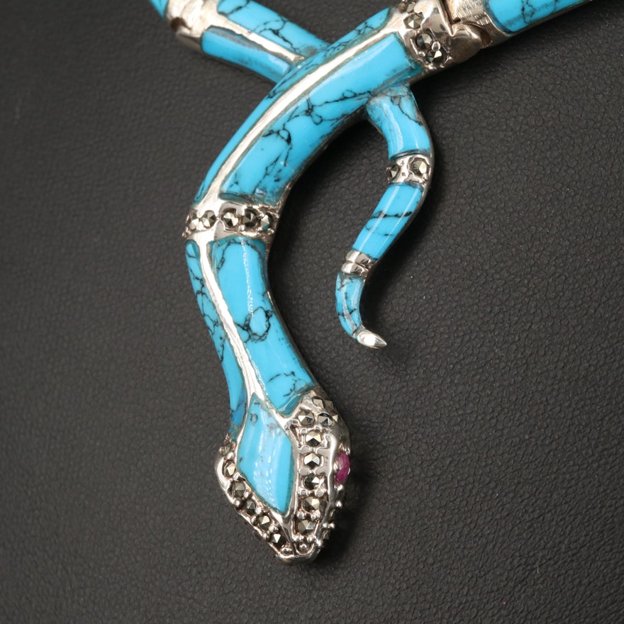 Sterling Silver Turquoise Snake Motif Choker with Ruby and Marcasite Accents