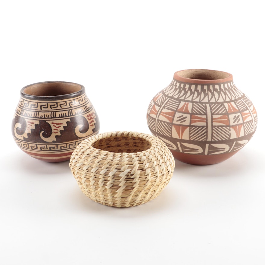 Jemez Pueblo and American Southwestern Pottery with Woven Seagrass Basket