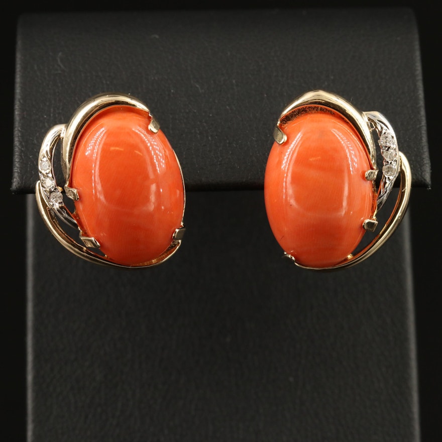 14K Coral and Diamond Button Earrings