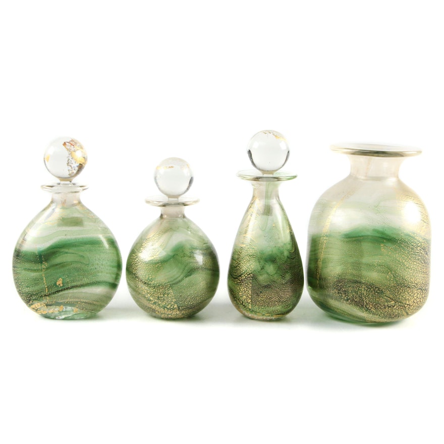 Gozo Art Glass Green and Gold "Verdi" Vase and Decorative Bottles