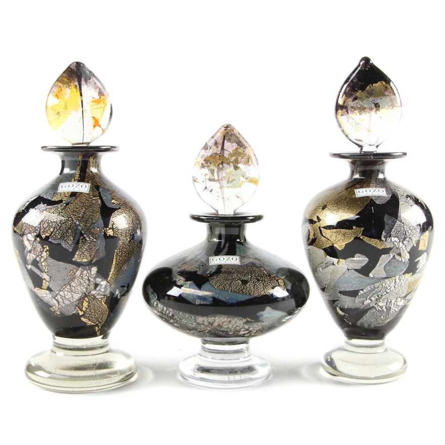 Gozo Black and Gold Art Glass Decorative Bottles with Stoppers