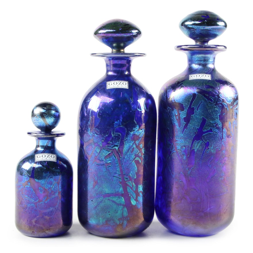 Gozo Iridescent Art Glass Bottles with Stoppers