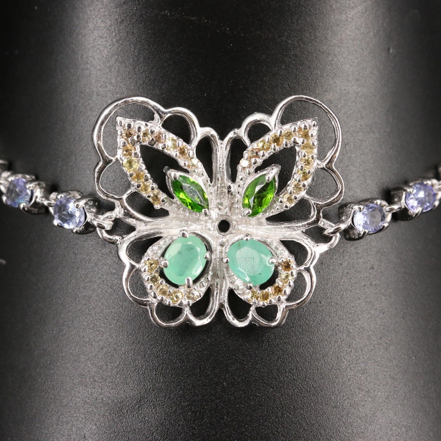 Sterling Emerald, Sapphire and Tanzanite Butterfly Bracelet