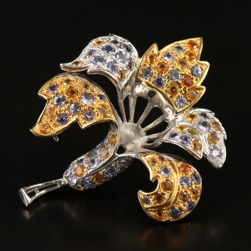 Sterling Silver Tanzanite and Sapphire Flower Brooch