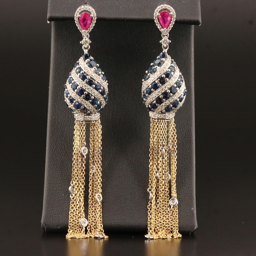 14K 1.90 CTW Diamond, Ruby and Sapphire Tassel Earrings