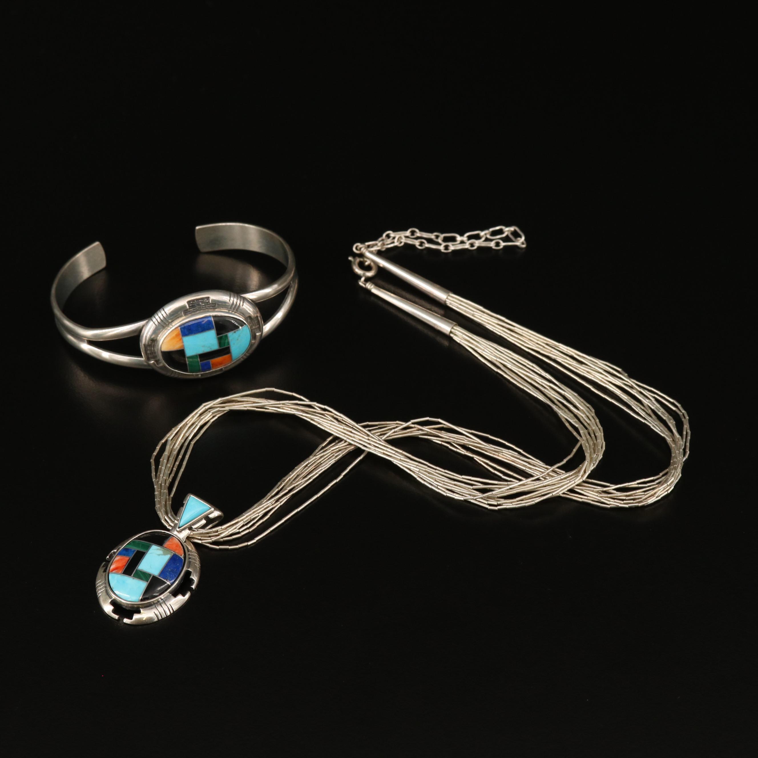 Carolyn Pollack for Relios Sterling Silver Gemstone Cuff and Pendant with Chain