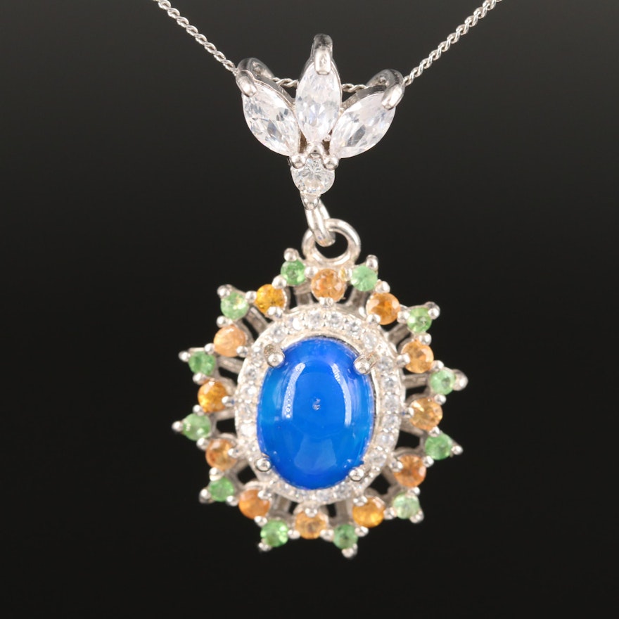 Sterling Silver Opal, Cubic Zirconia and Sapphire Pendant Necklace