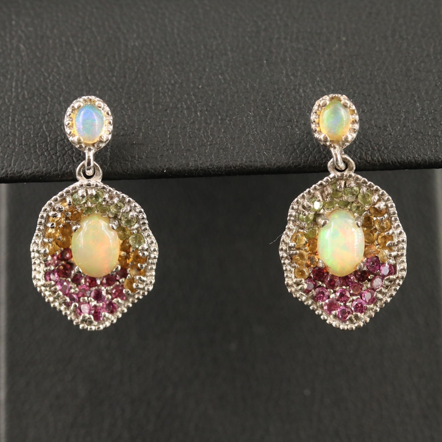 Sterling Silver Opal, Amethyst and Sapphire Dangle Earrings