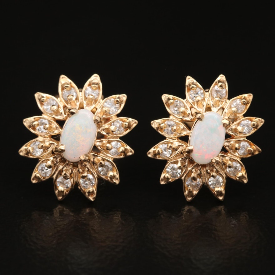 14K Opal and Diamond Floral Halo Stud Earrings