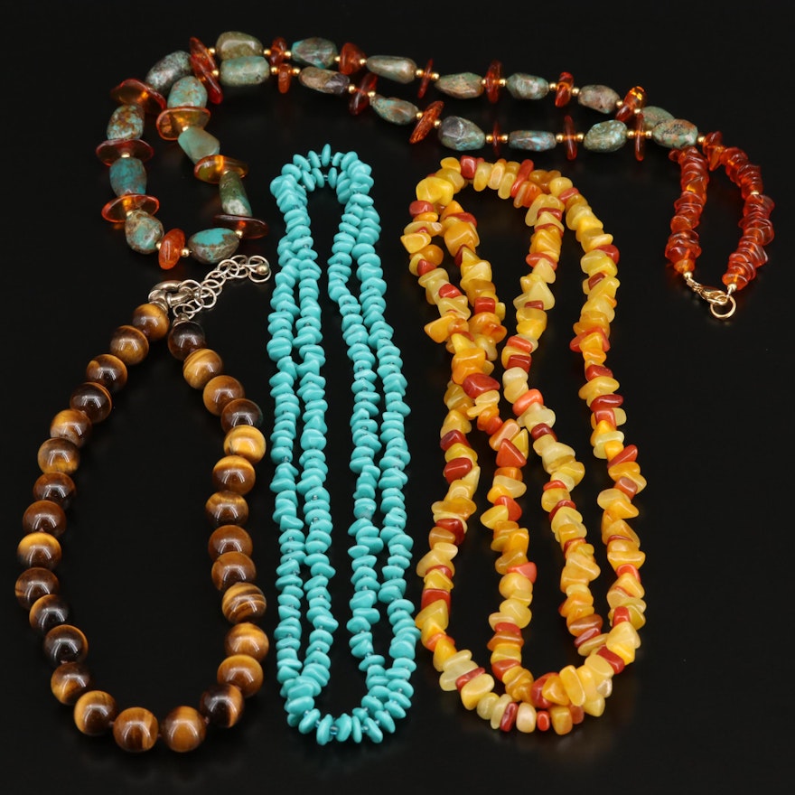 Collection of Tiger's Eye, Amber and Quartzite Beaded Necklaces