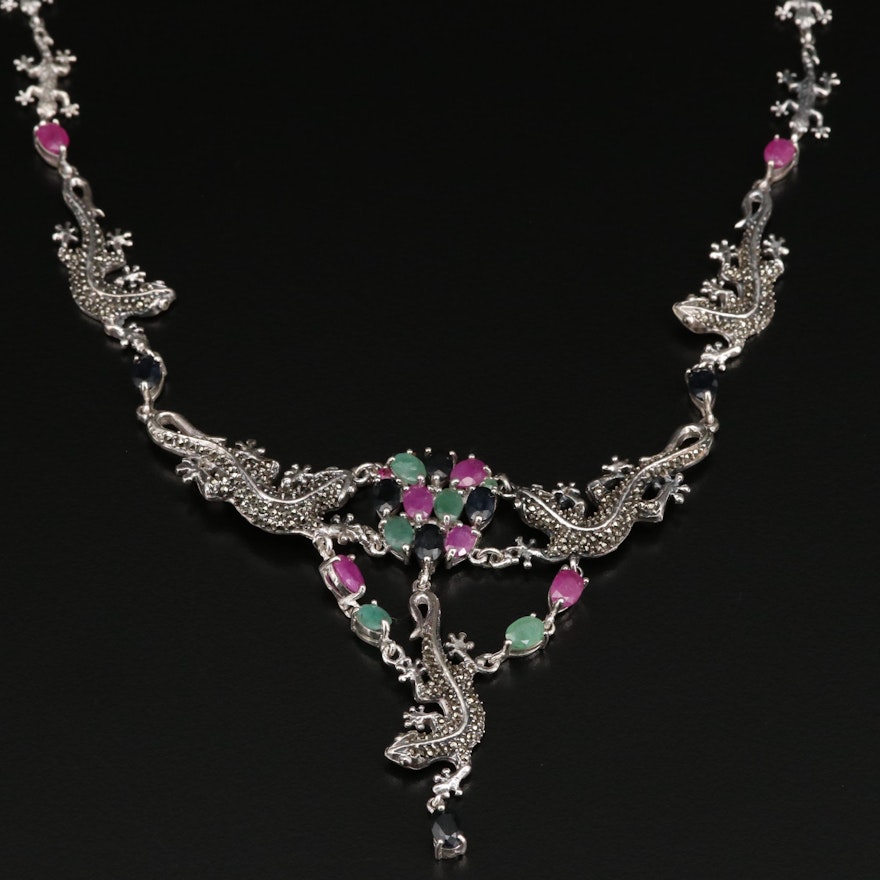 Sterling Silver Gecko Link Necklace with Beryl, Sapphire and Ruby Accents