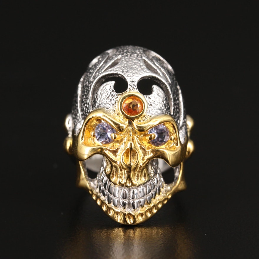 Sterling Sapphire and Tanzanite Skull Ring